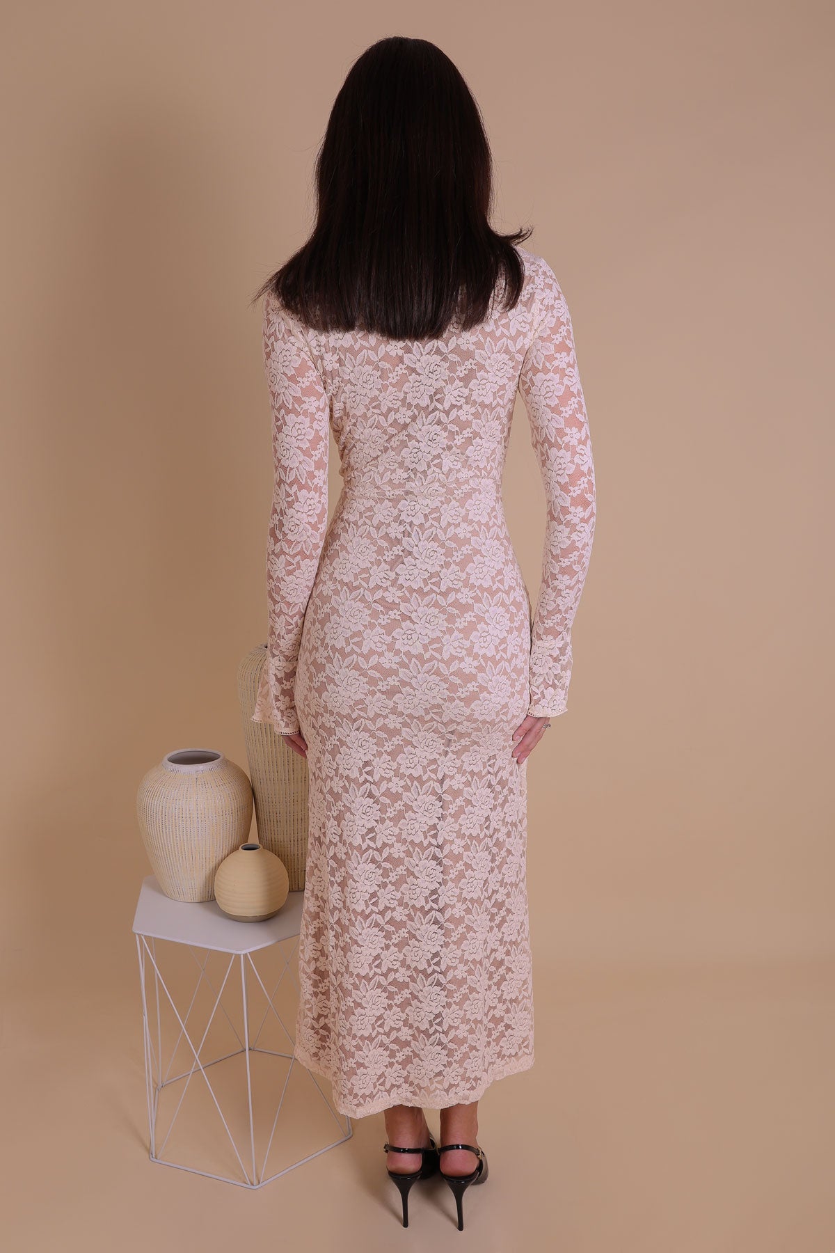 Womens Beige Lace Long Sleeve Bell Cuff Maxi Dresss