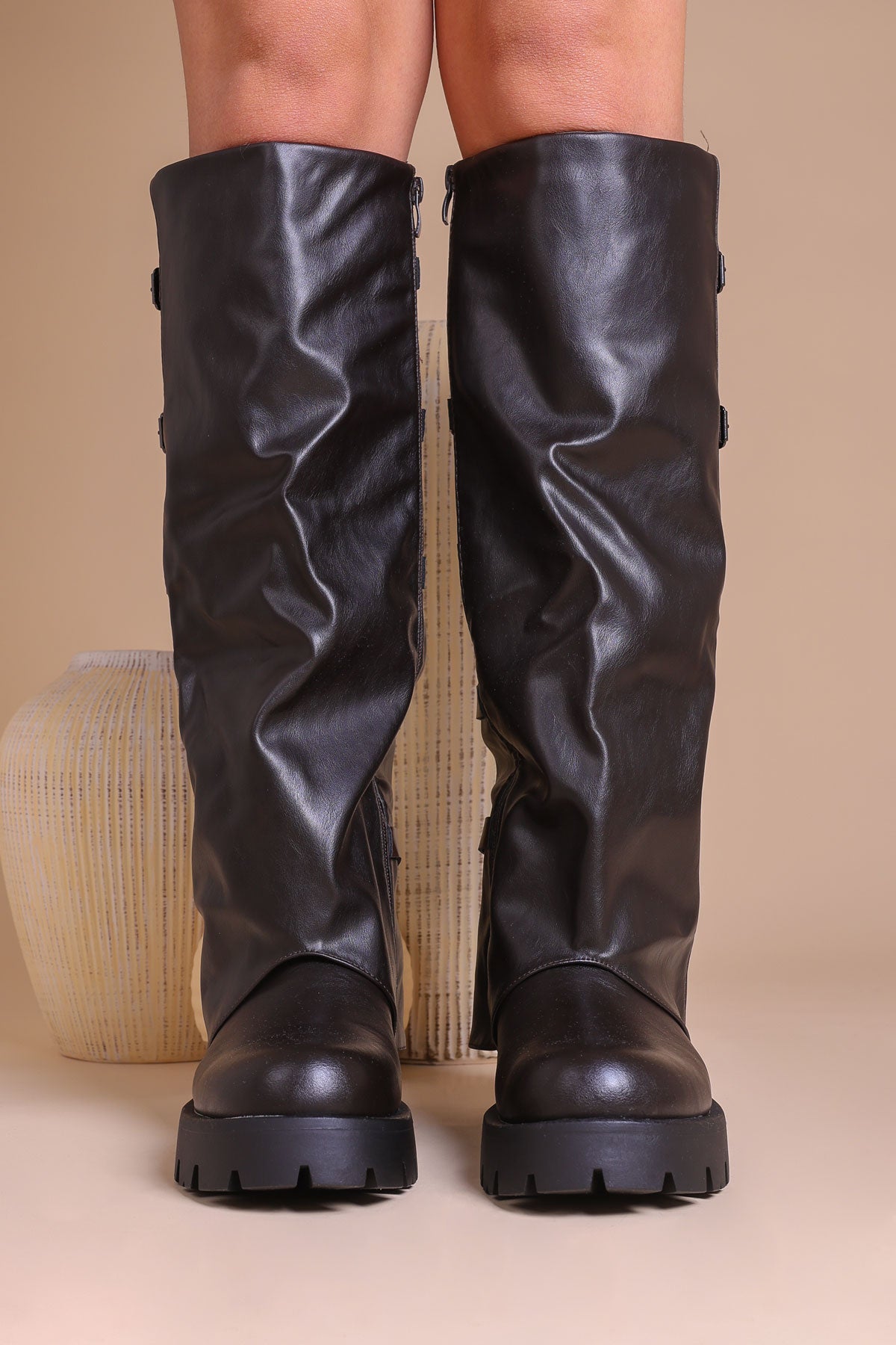 Womens Brown Chunky Multi-Buckle Slouchy Knee-High Lug Sole Boots