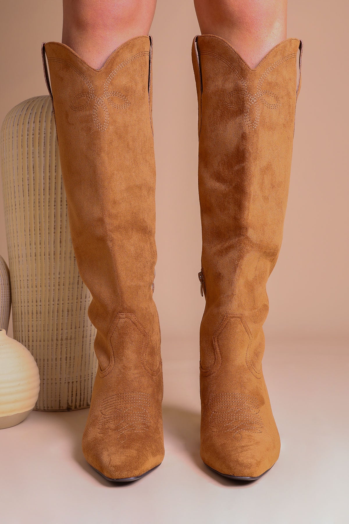 Womens Tan Faux Suede Western Knee High Boots Miss Moda Luxe