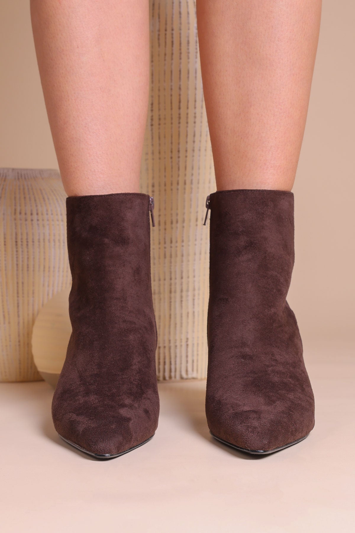 Womens Brown Faux Suede Pointed Toe Kitten Heel Ankle Boots Miss