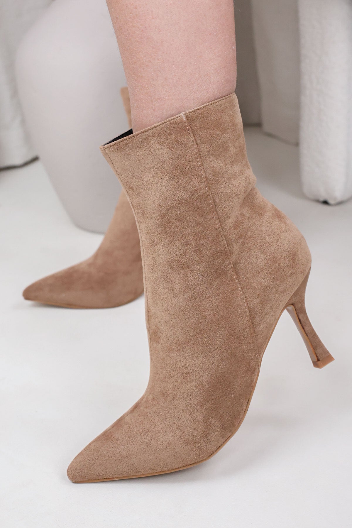 Women's Taupe Faux Suede Pointed Stiletto Ankle Boots Miss Moda Luxe