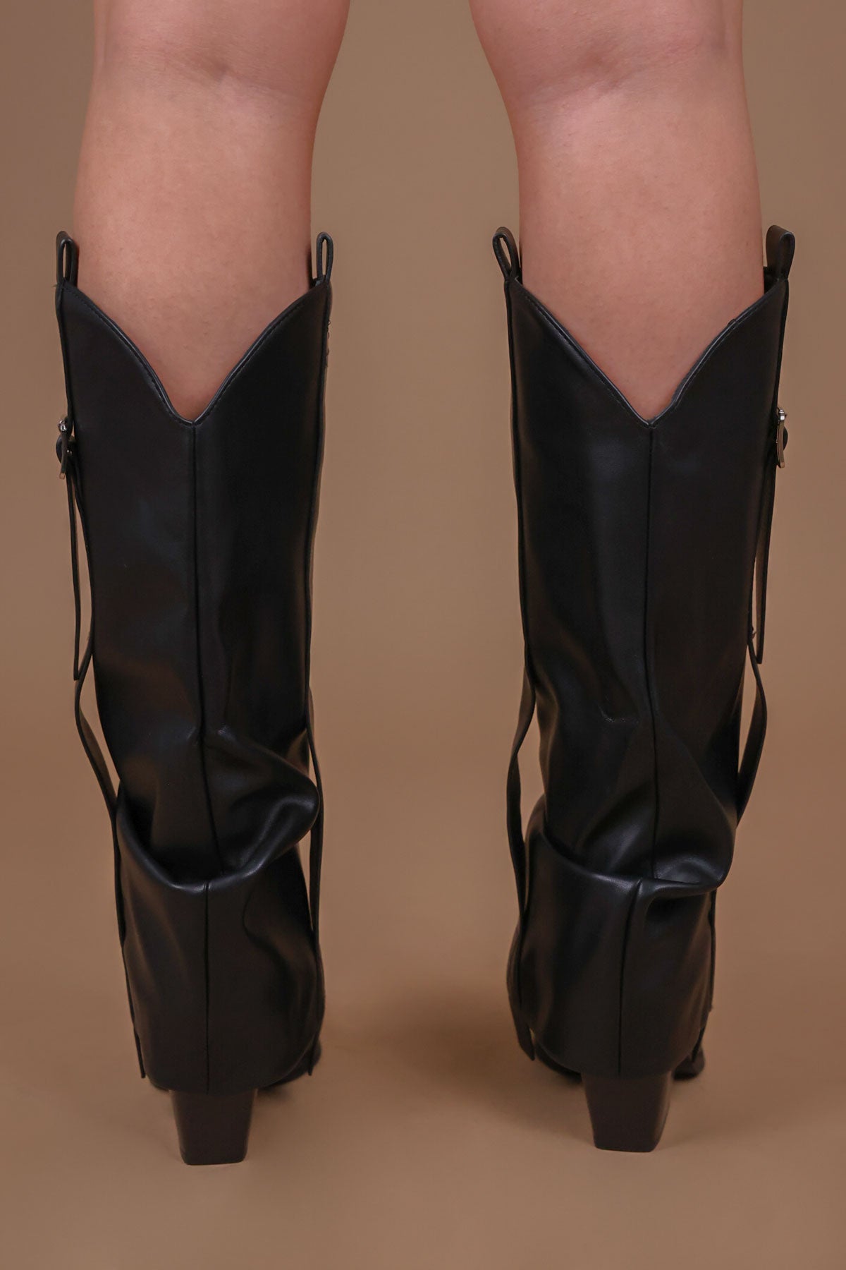 Womens Black Faux Leather Ruched Fold Over Knee High Western