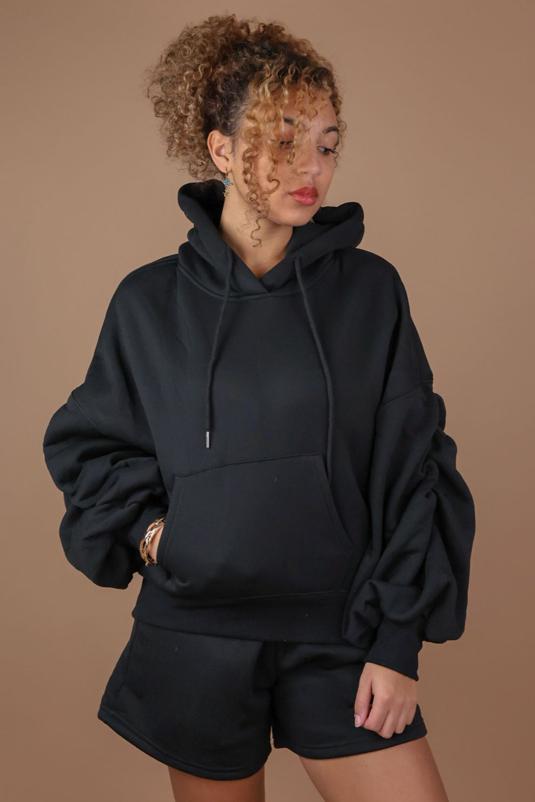 Hooded Black Sweat Suit Women Unisex Cotton Sweatsuit Black