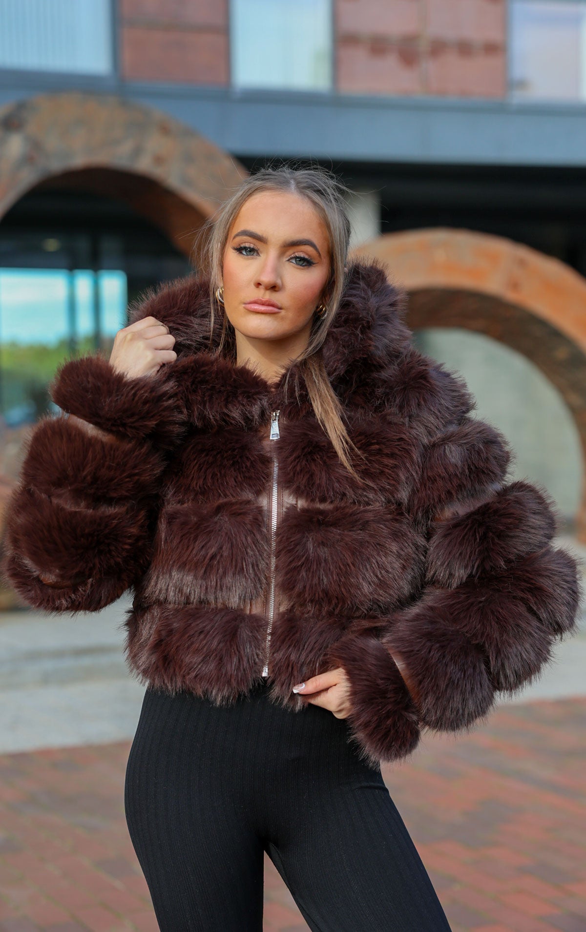 Brown Faux Fur Cropped Hooded Coat Miss Moda Luxe