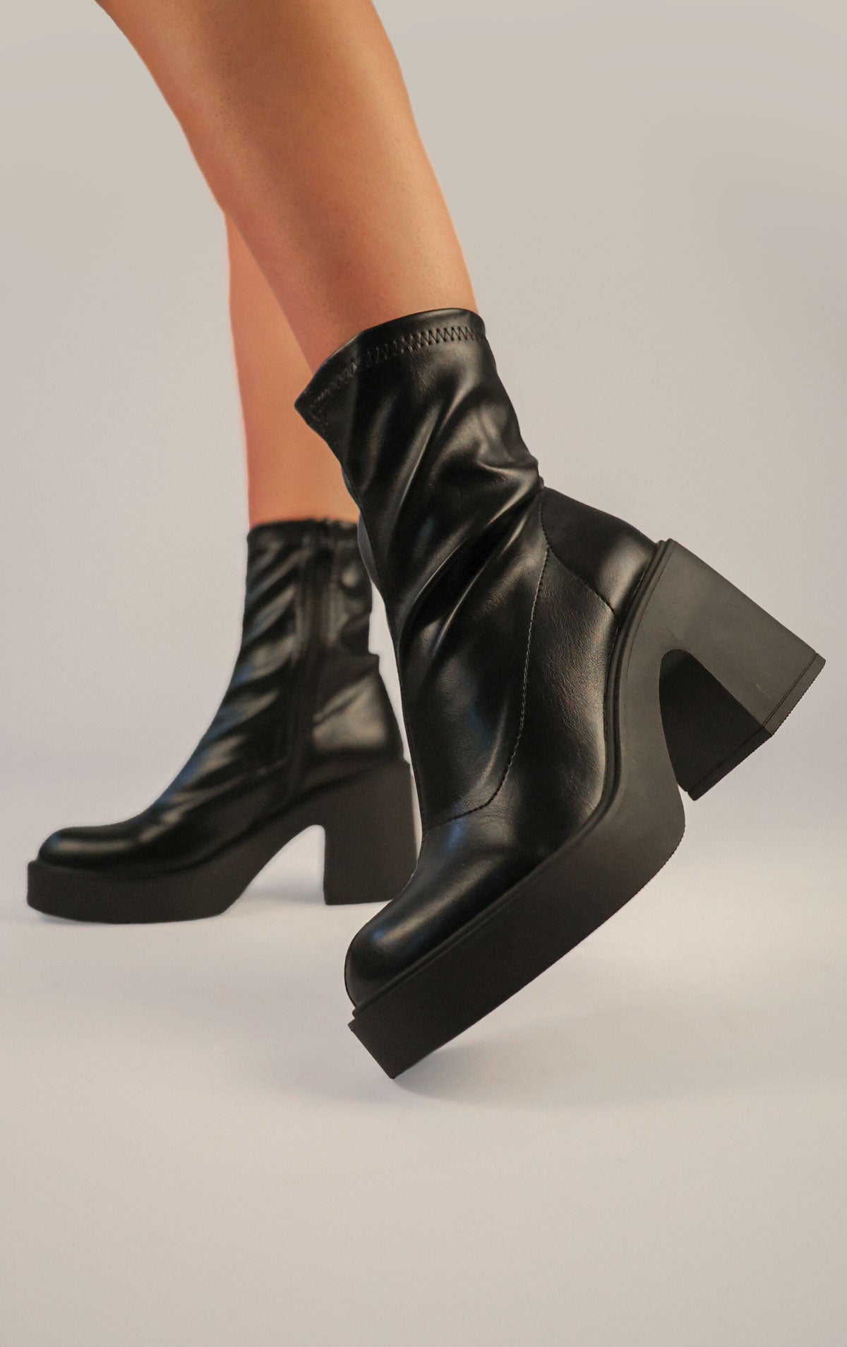 Black PU Leather Block Heel Sock Boot Miss Moda Luxe