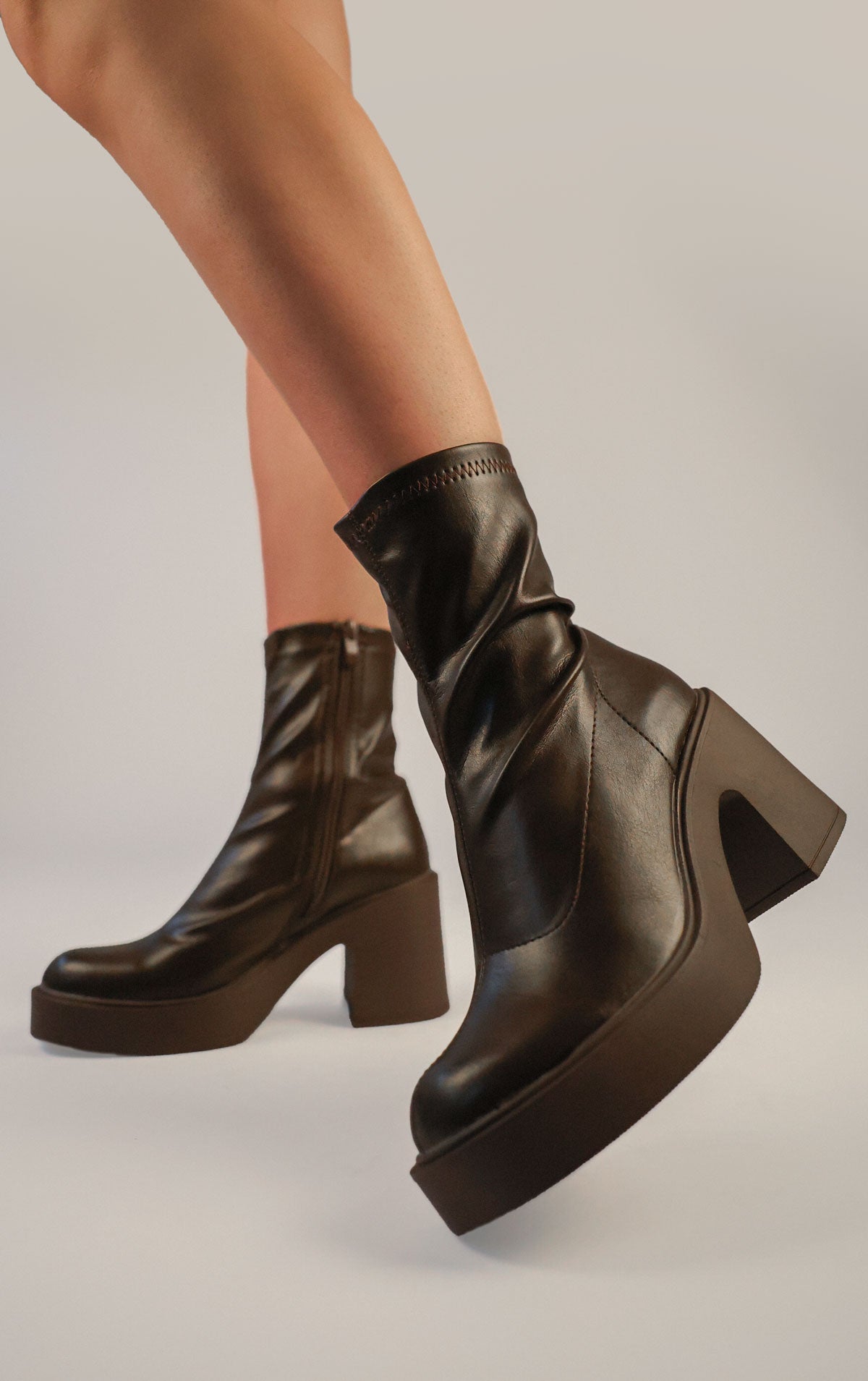 Brown PU Leather Block Heel Sock Boot Miss Moda Luxe