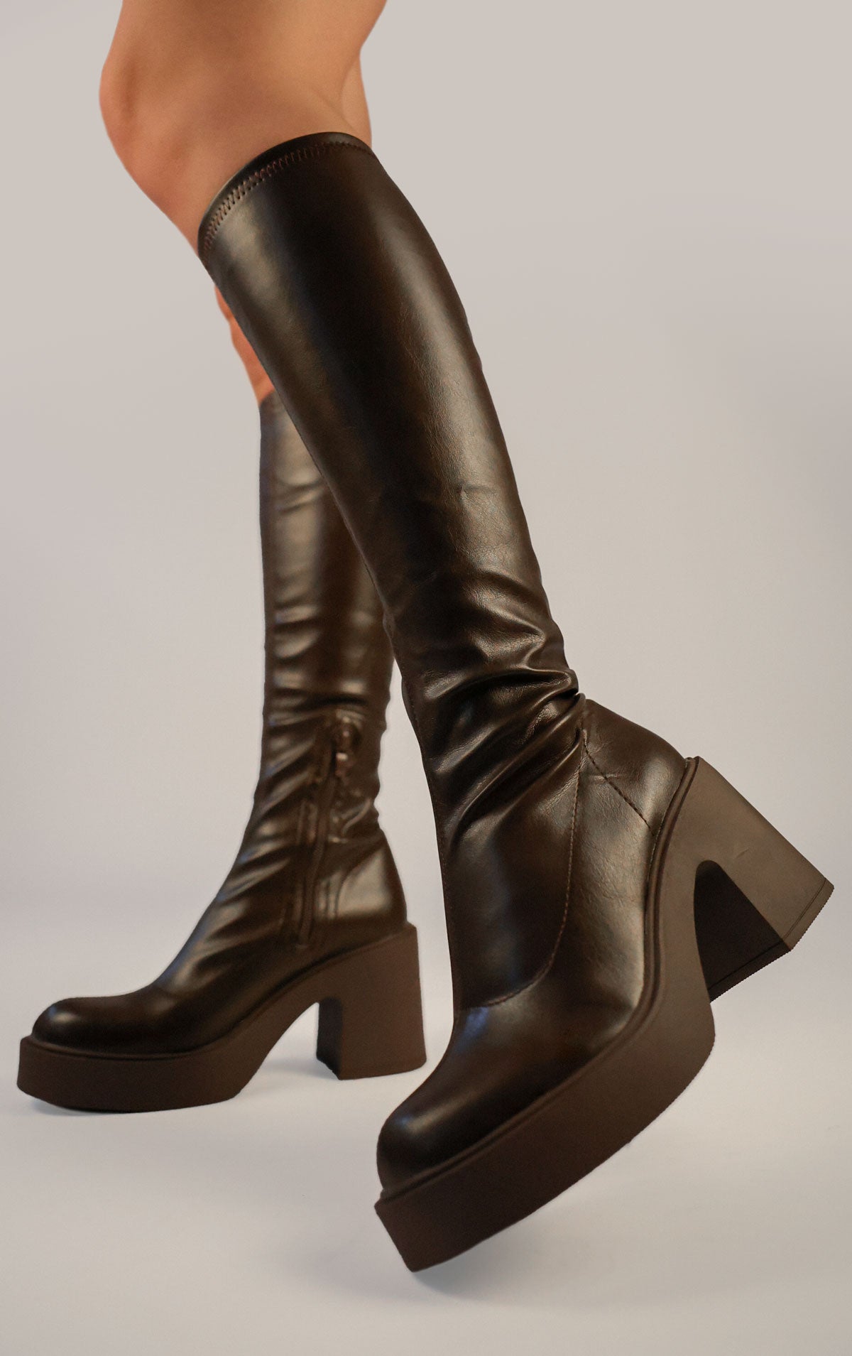 Brown PU Leather Block Heel Knee High Sock Boot Miss Moda Luxe