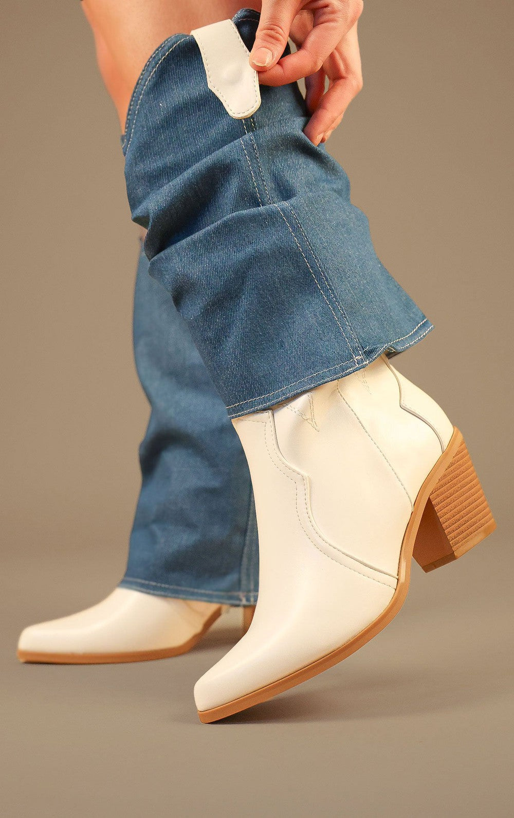 Women's White Cowboy Boots With Denim Detachable Sleeves Miss
