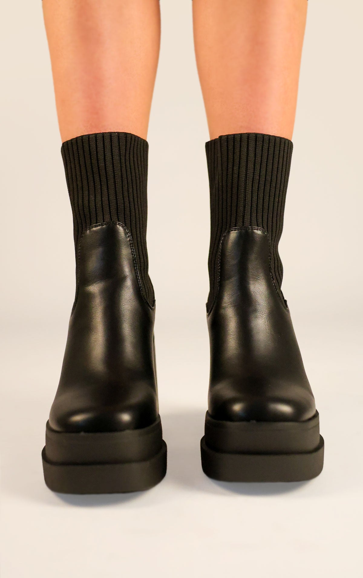 Womens Black PU Leather Chunky Platform Block Heel Ribbed Sock