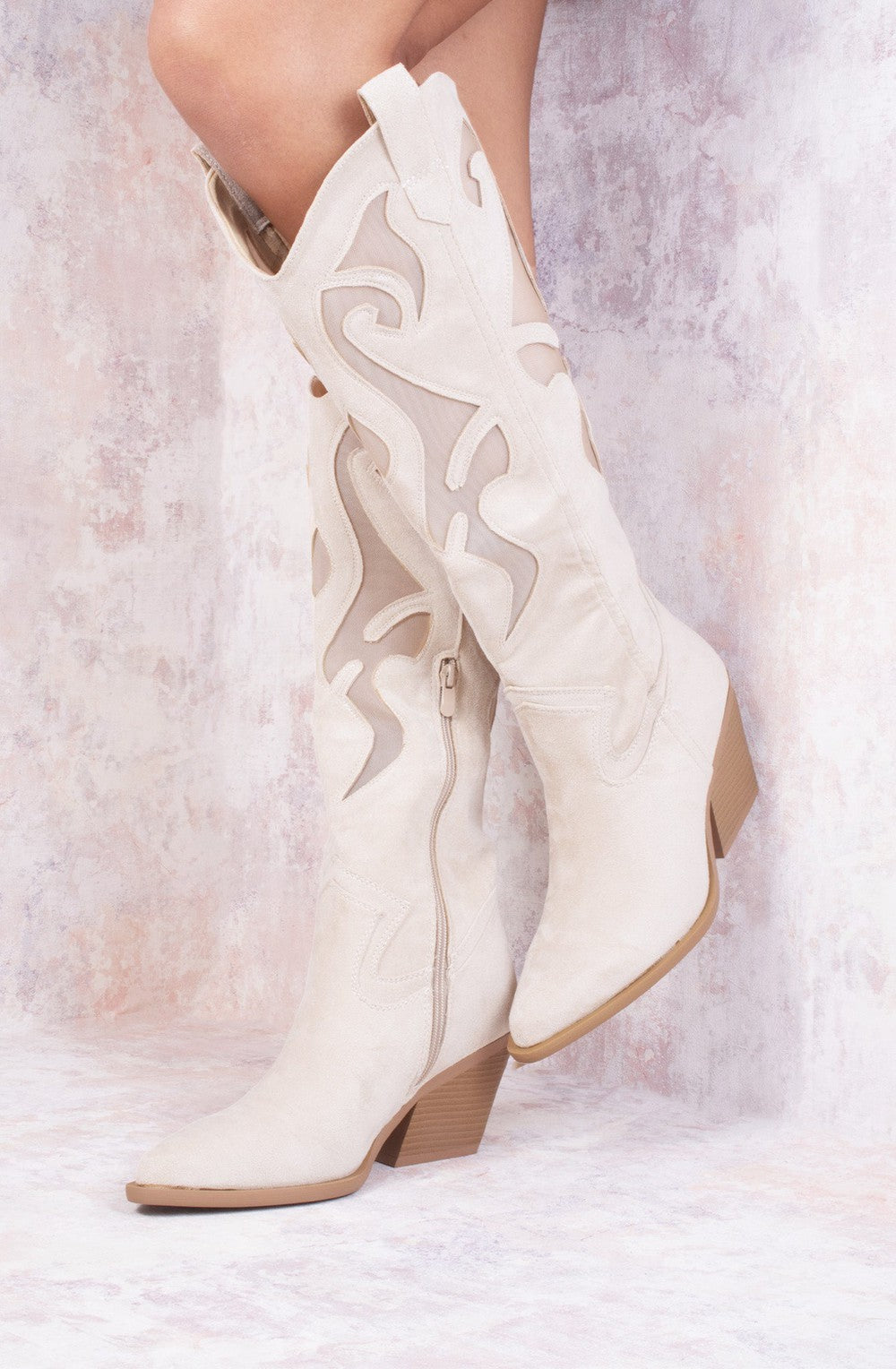 Women's Beige Faux Suede Western Style Knee High Mesh Cowboy Boot