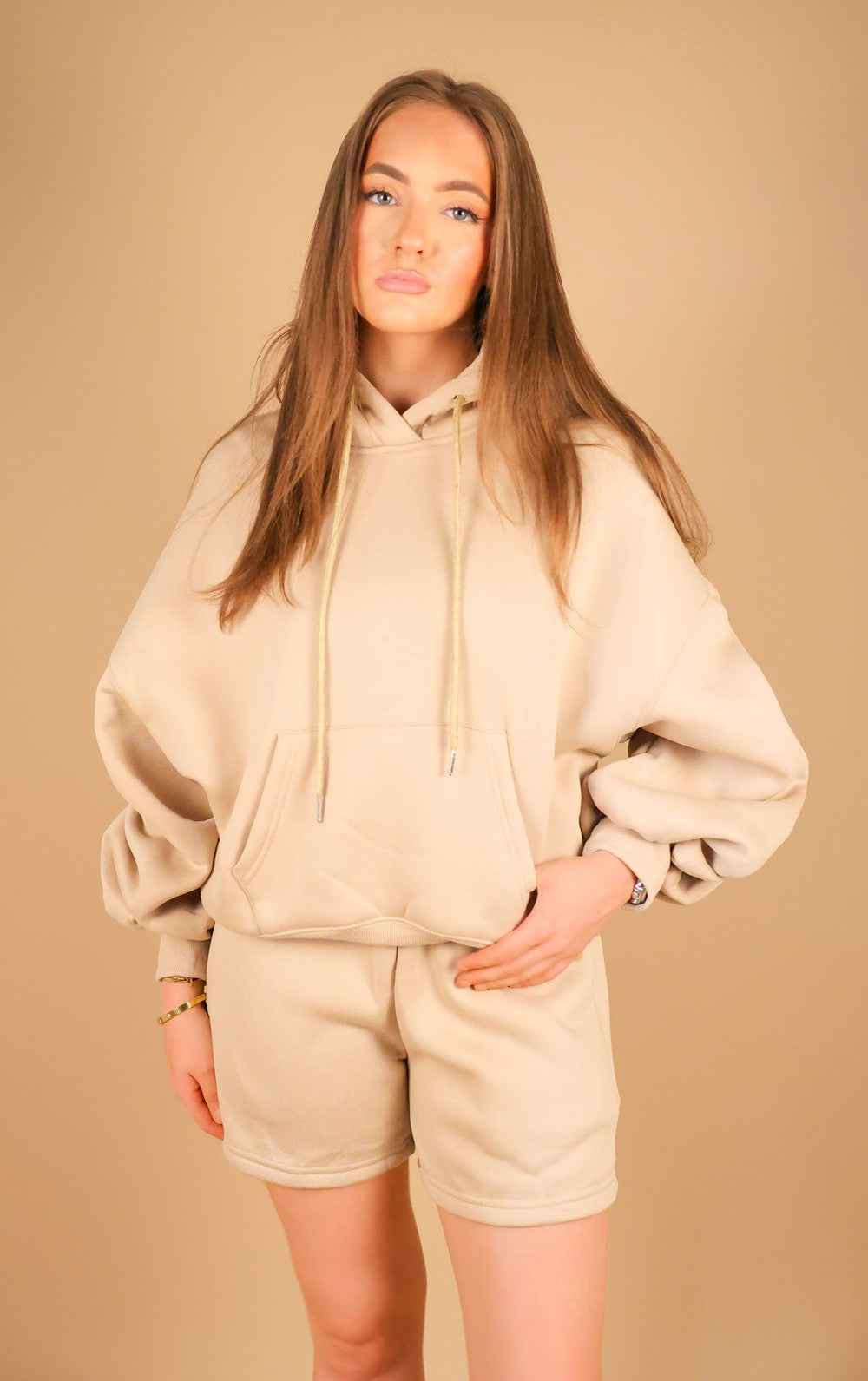Womens Beige Ruched Hoodie and Shorts Set Miss Moda Luxe