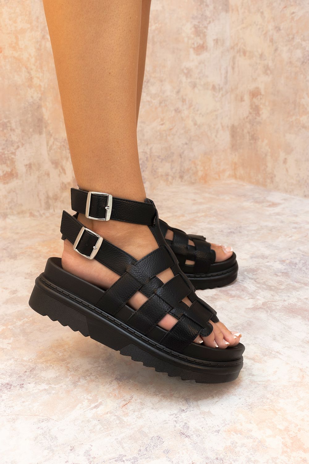 Women's Black Chunky Caged Faux Leather Sandal Miss Moda Luxe