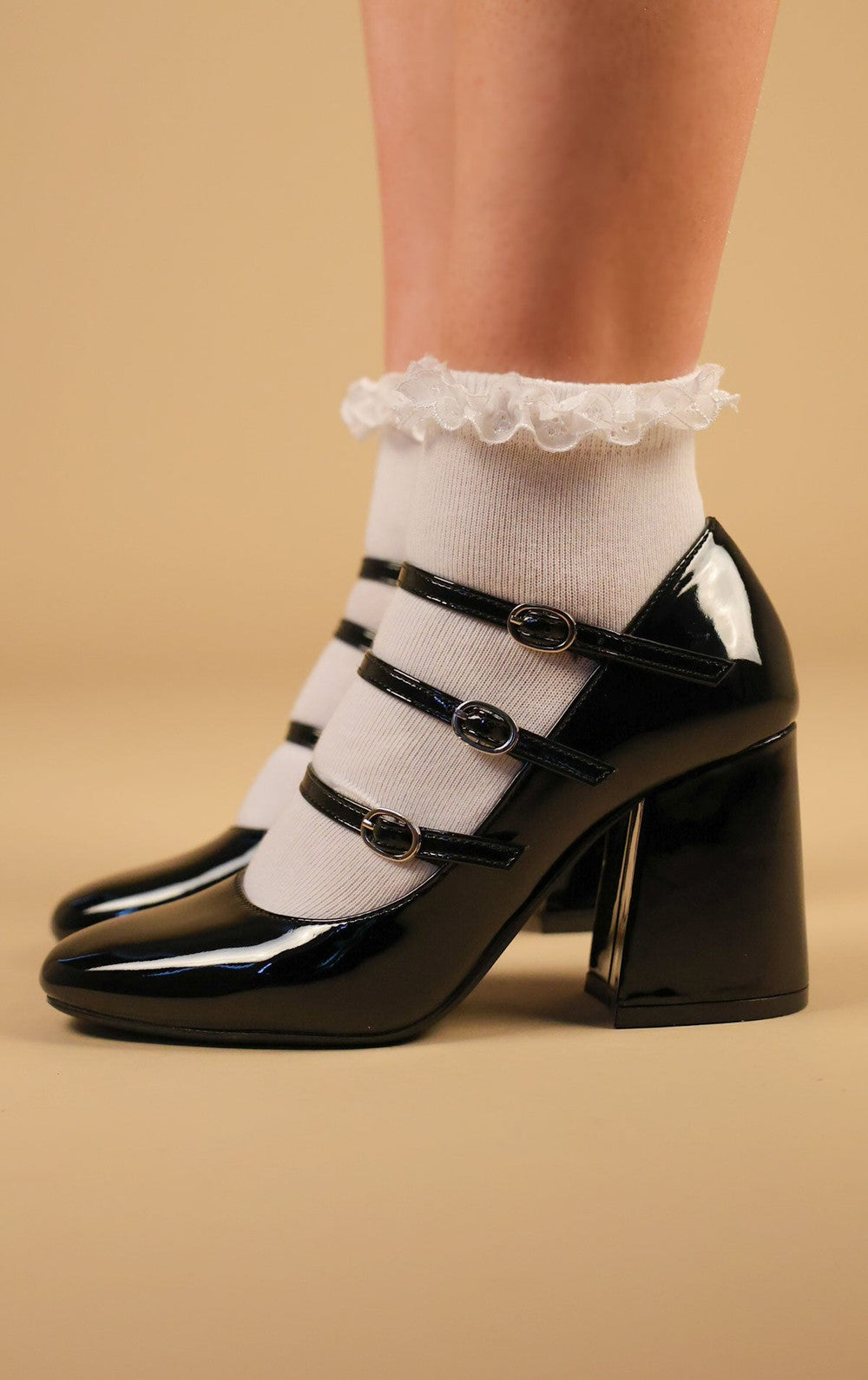 Women's Black Chunky Triple Strap Mary Jane Heels Miss Moda Luxe