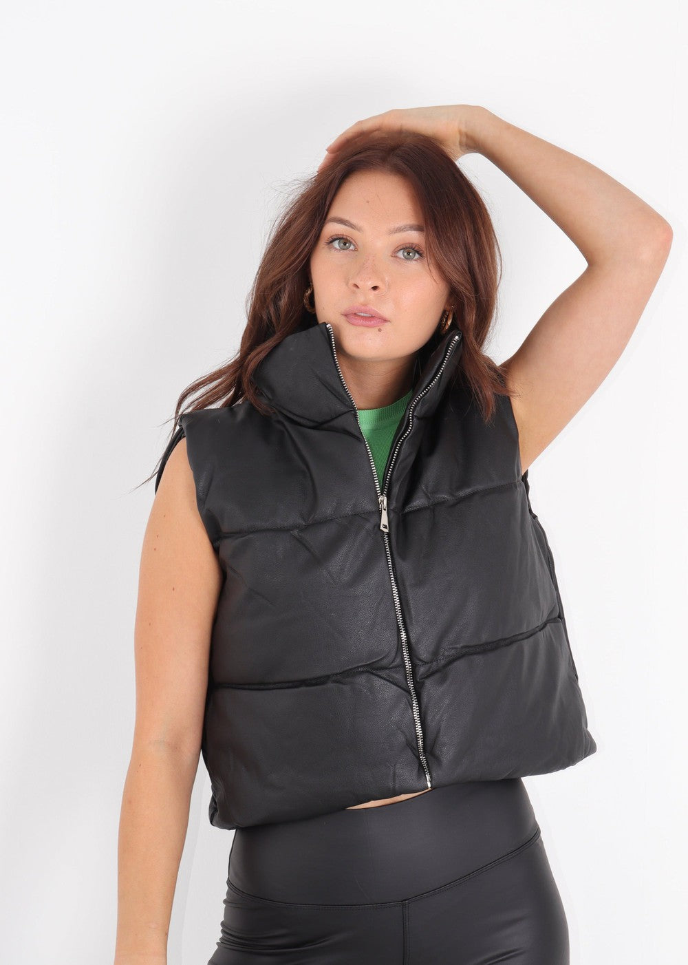 Womens Black Cropped Faux Leather Zip Up Gilet High Neck Puffer
