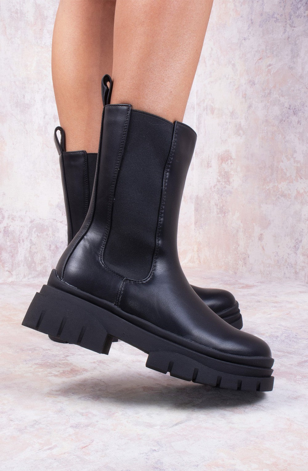 Women's Black Faux Leather Chunky Chelsea Boots Miss Moda Luxe