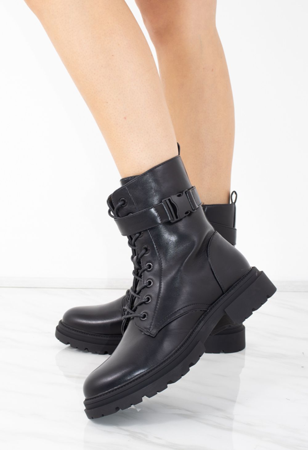 Womens Black Faux Leather Lace Up Buckle Ladies Ankle Boots Miss