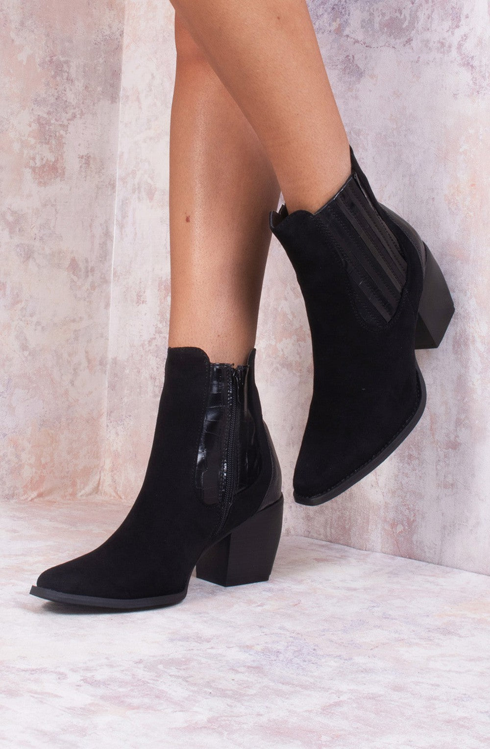 Women's Black Suede Croc Heeled Ankle Boot Miss Moda Luxe