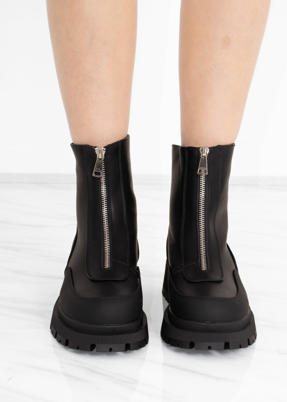 Chunky Sole Flat Platform Ankle Boots Womens Black Front Zip