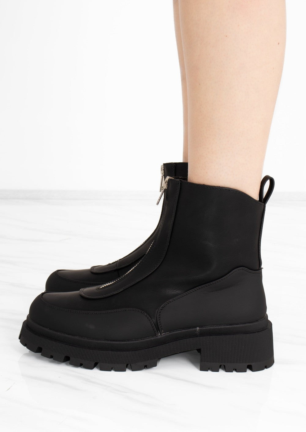 Womens Black Front Zip Chunky Platform Ladies Ankle Boot Miss