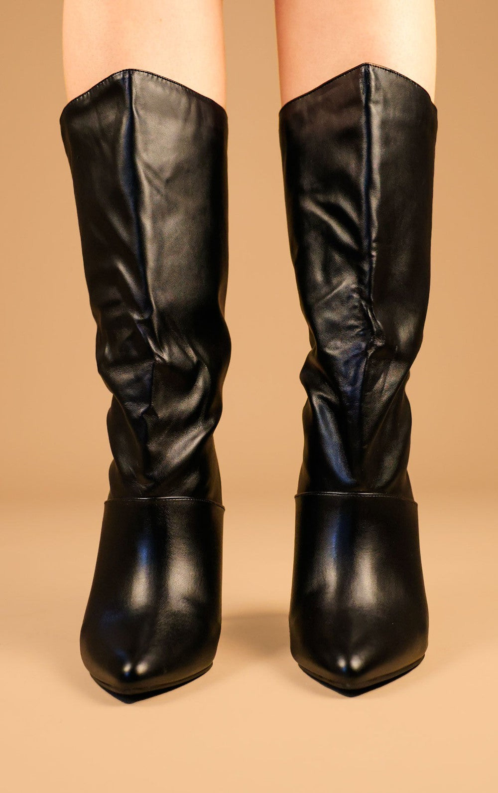 Leather Half Calf Black Boots Women's Black PU Leather Mid Calf