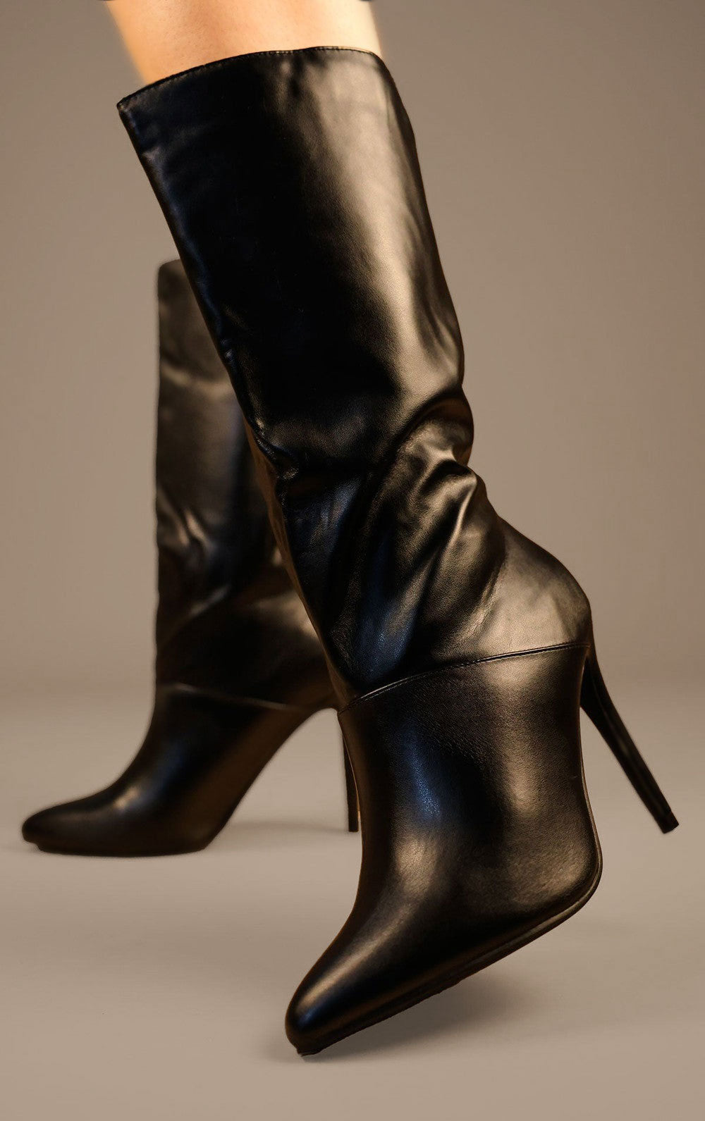 Women's Black PU Leather Mid Calf High Stiletto Heel Boots Miss