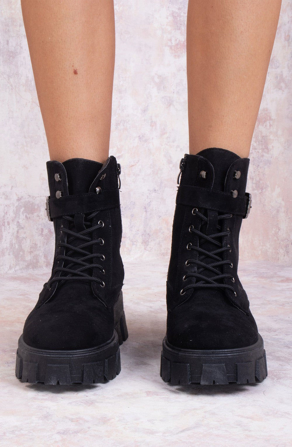 Women's Black Suede Ankle Boot With Buckle Detail Miss Moda Luxe