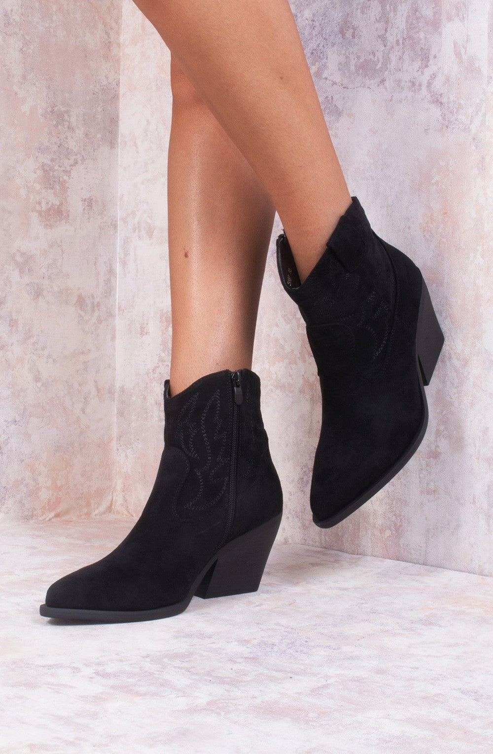 Women's Black Suede Cowboy Ankle Length Boots Miss Moda Luxe