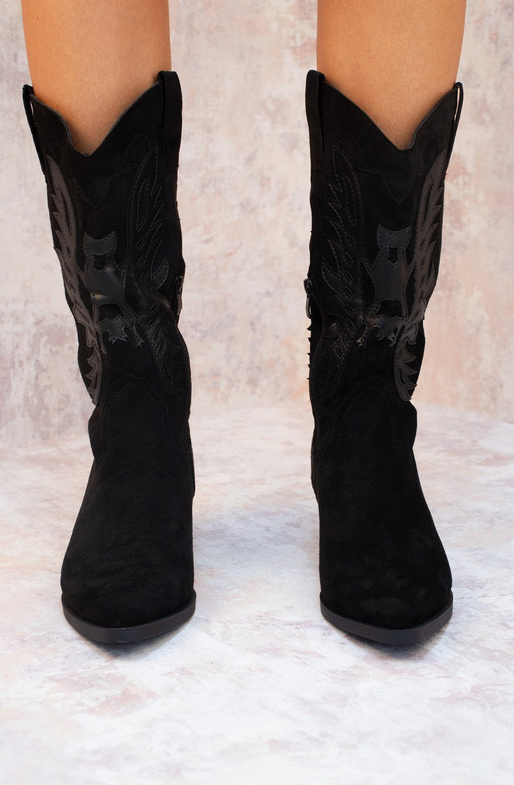 Black Suede Cowboy Mid Calf Length Boots Miss Moda Luxe