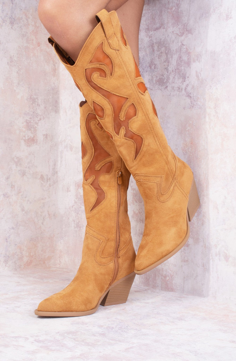 Women's Camel Faux Suede Western Style Knee High Mesh Cowboy Boot