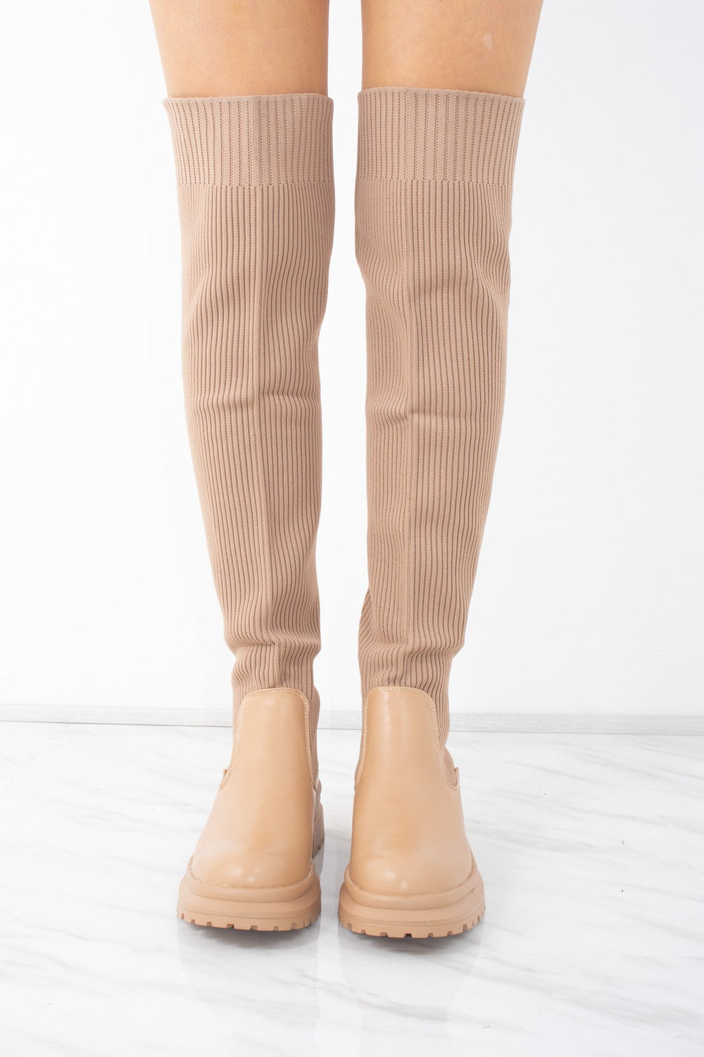 Womens Camel Over the Knee Ribbed Ladies Sock Boot Miss Moda Luxe