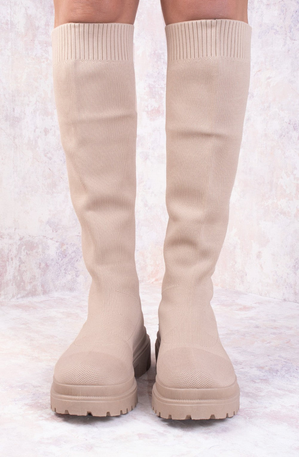 LADIES DARK BEIGE KNEE HIGH PULL OVER KNITTED KNEE HIGH SOCK BOOT