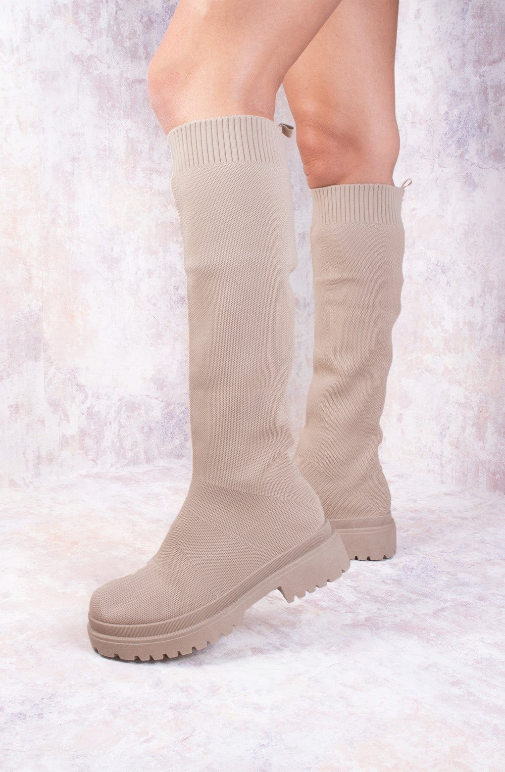 LADIES DARK BEIGE KNEE HIGH PULL OVER KNITTED KNEE HIGH SOCK BOOT