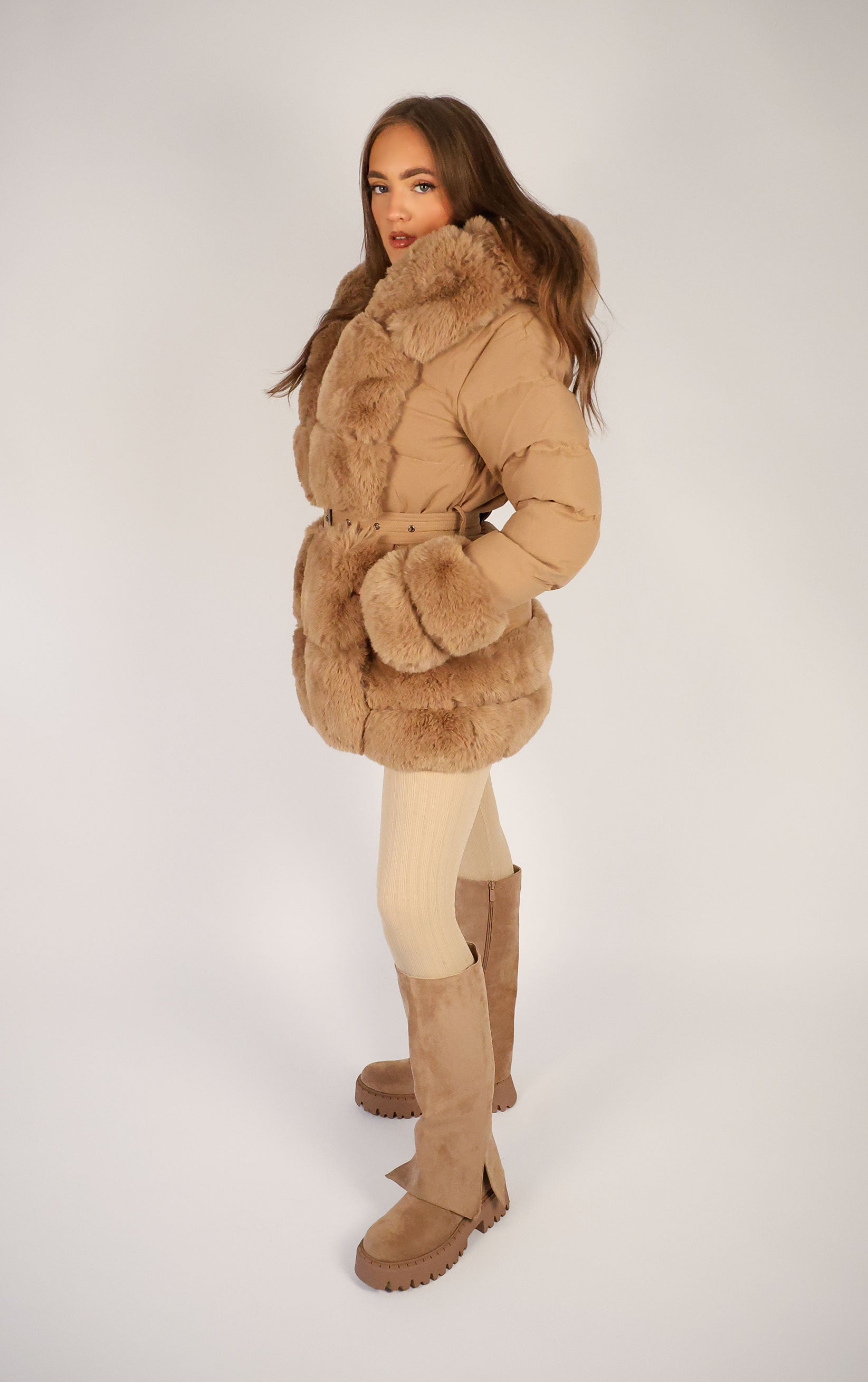 Camel Faux Fur Trim Puffer Hooded Coat Miss Moda Luxe
