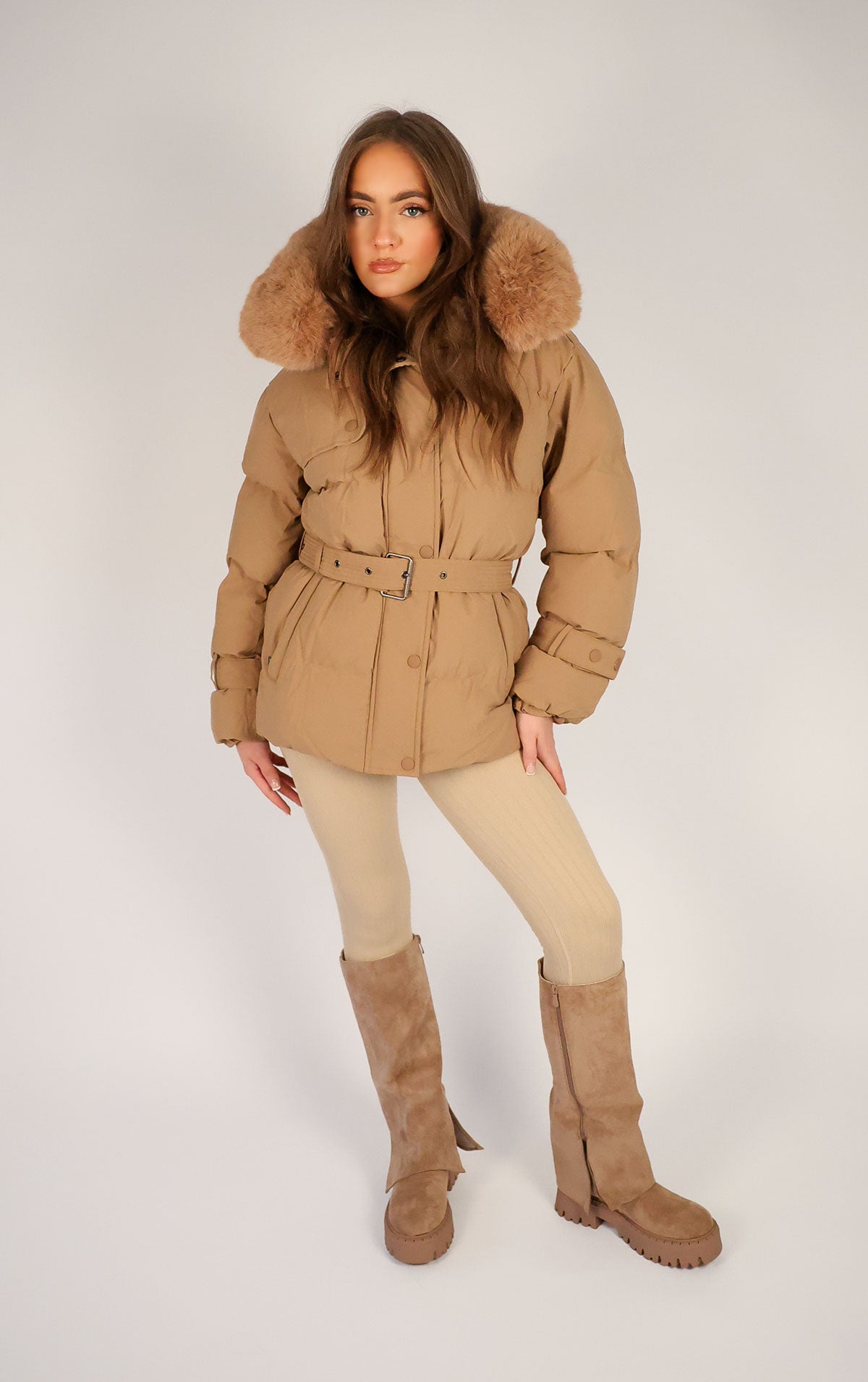 Camel Puffer Coat With Faux Fur Trim Hood and Waist Belt Miss