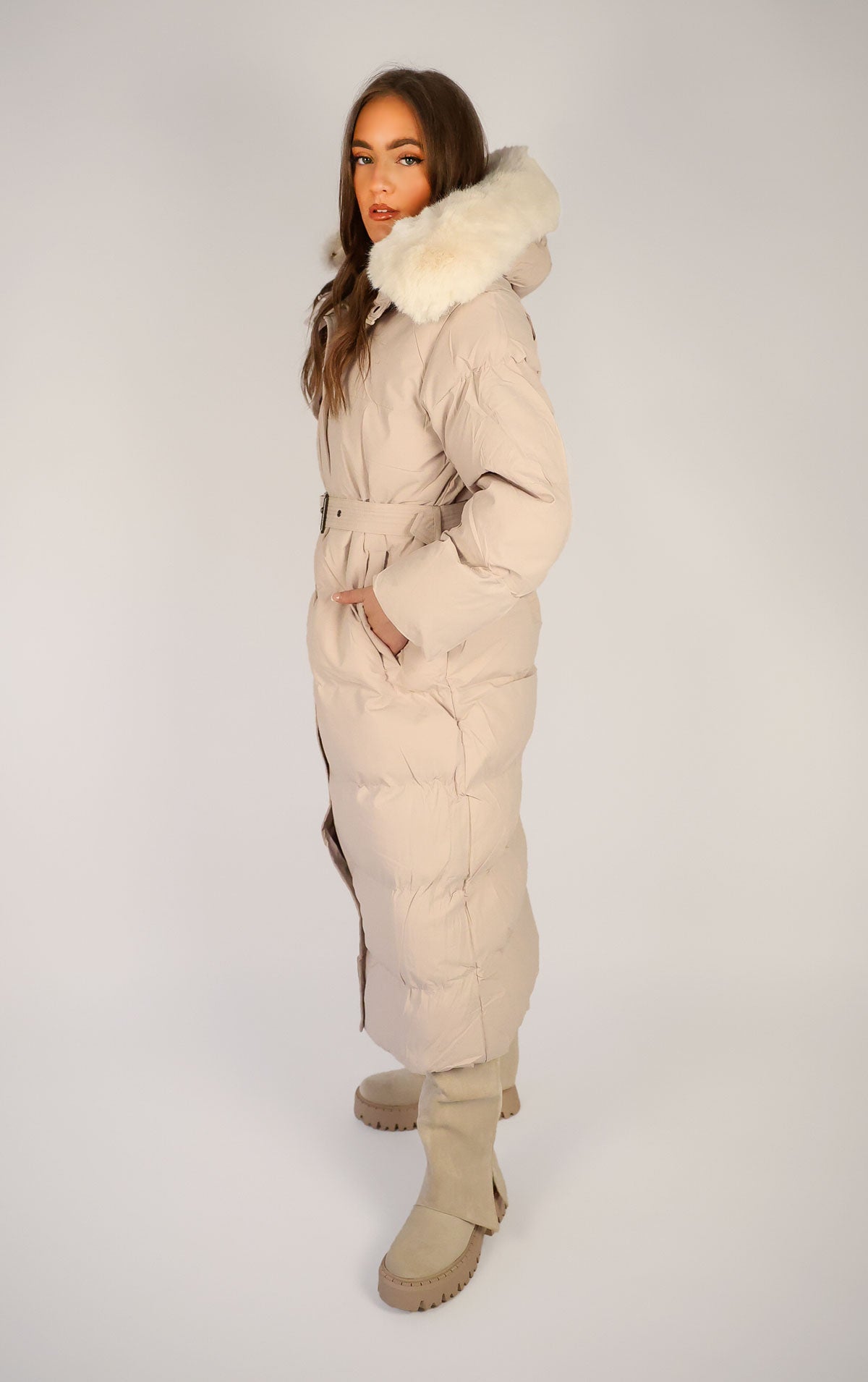Beige Long Puffer Duvet Coat With Belt and Fur Hood Miss Moda Luxe