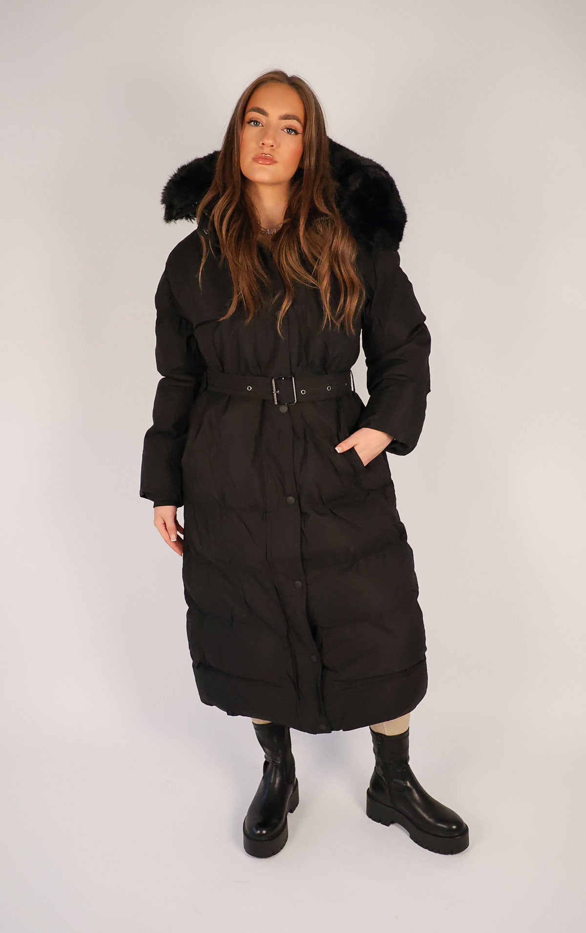 Black Long Puffer Duvet Coat With Belt and Fur Hood Miss Moda Luxe