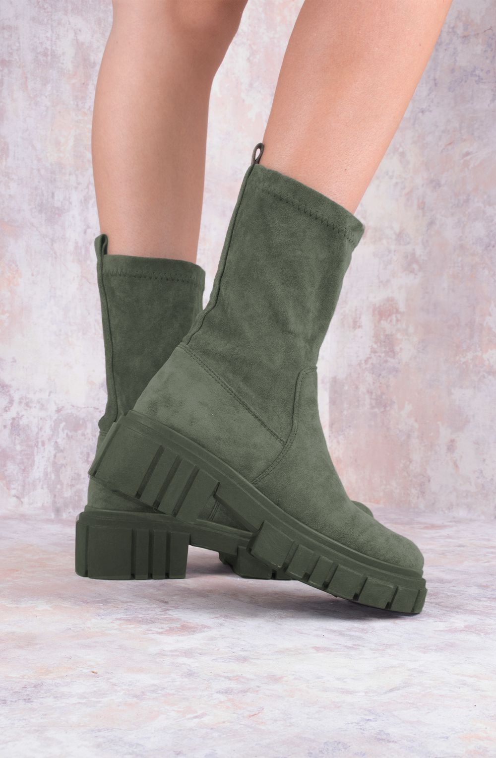 Womens Khaki Green Faux Suede Ankle Sock Boot Miss Moda Luxe