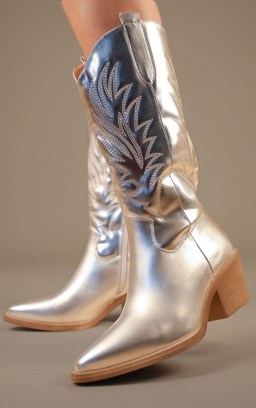 Women's Silver Calf Length Western PU Cowboy Boots Miss Moda Luxe
