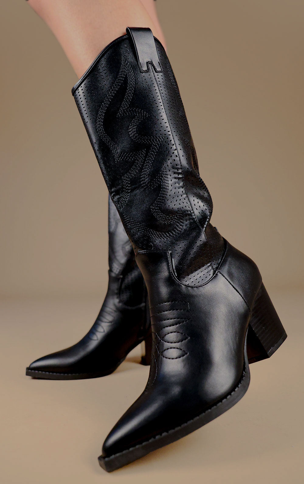 Womens Black Mesh Pattern Detail Mid Calf Faux Leather Cowboy