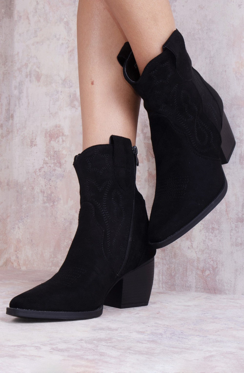 Women's Star Black Suede Cowboy Ankle Length Boots Miss Moda Luxe