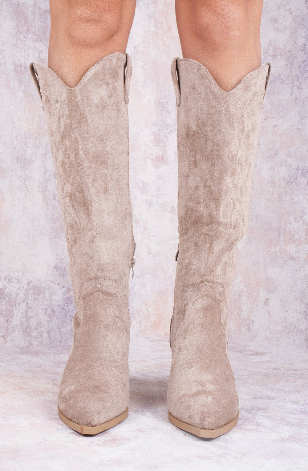 Women's Ladies Taupe Faux Suede Knee High Block Heel Cowboy Boots