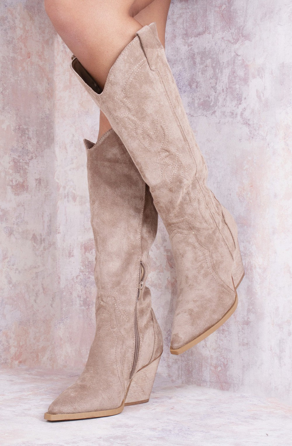 Women's Ladies Taupe Faux Suede Knee High Block Heel Cowboy Boots