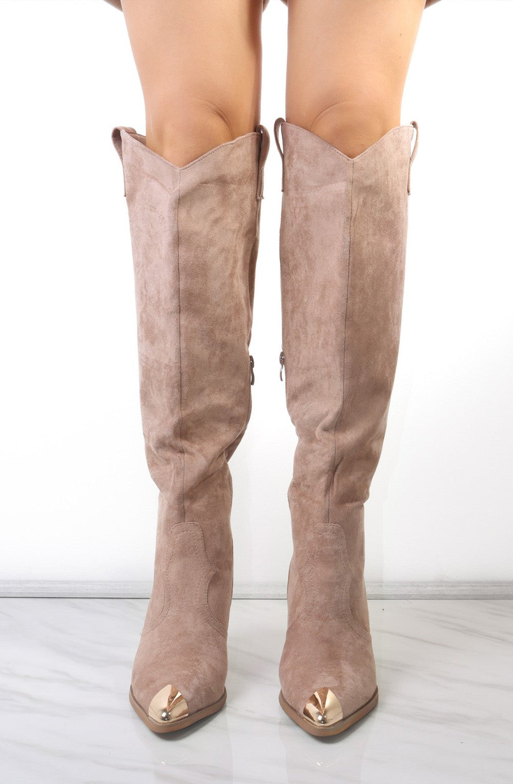 Cowboy Boots Suede Knee High Boots Tan Womens/Ladies Taupe Faux
