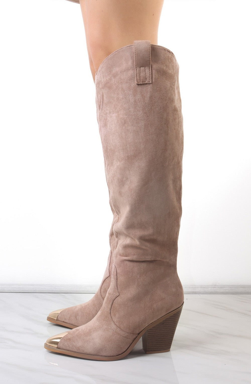 Womens/Ladies Taupe Faux Suede Knee High Toe Cap Cowboy Boot