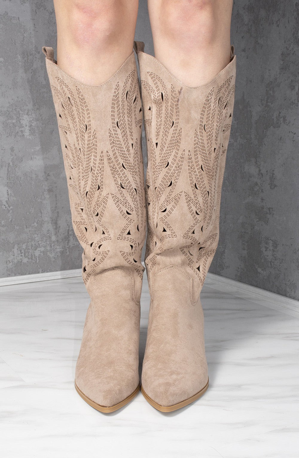Ladies Curved Heel Taupe Faux Suede Western Style Knee High Cut
