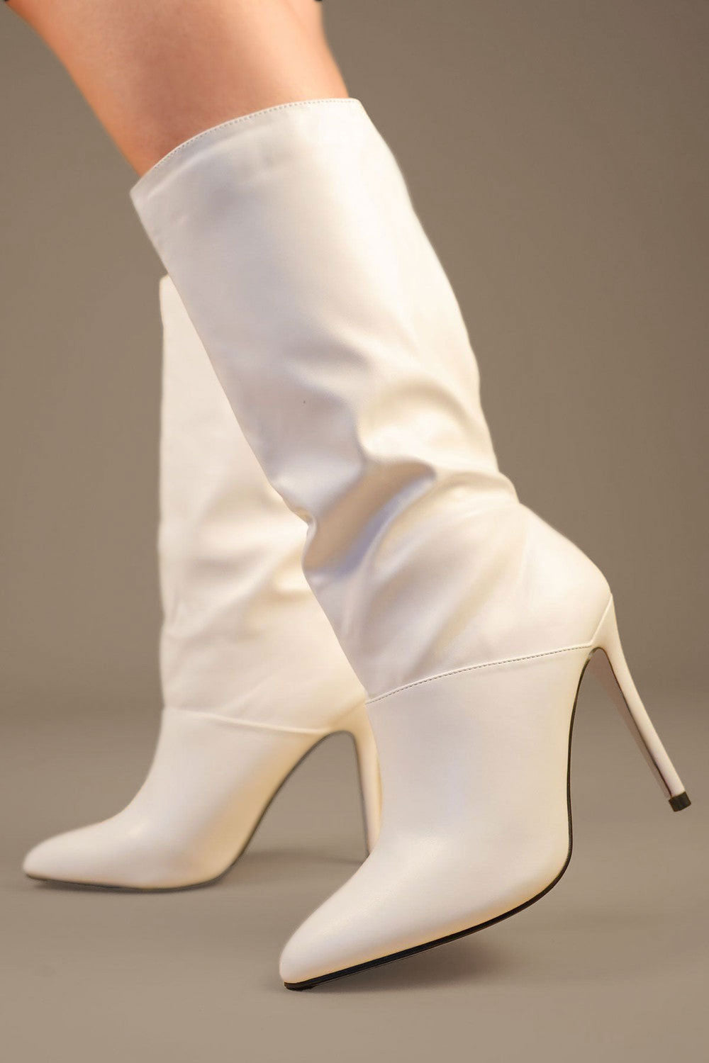 Women's White PU Leather Mid Calf High Stiletto Heel Boots Miss