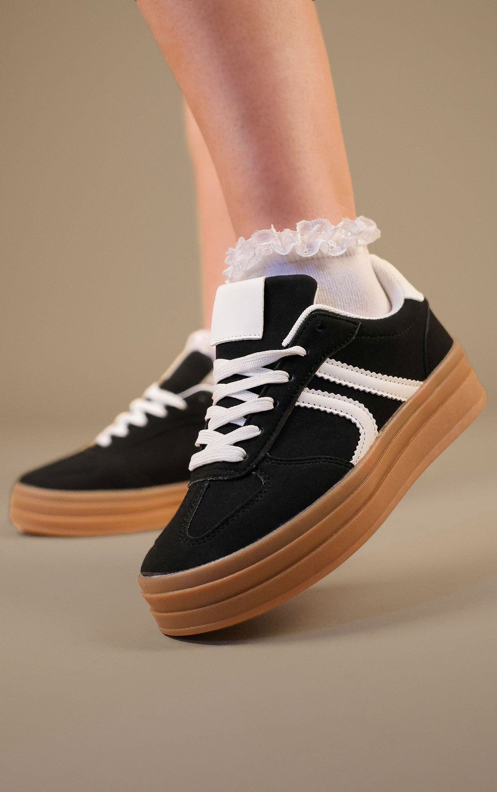 Women's Black Faux Suede Side Stripe Platform Trainers Miss Moda