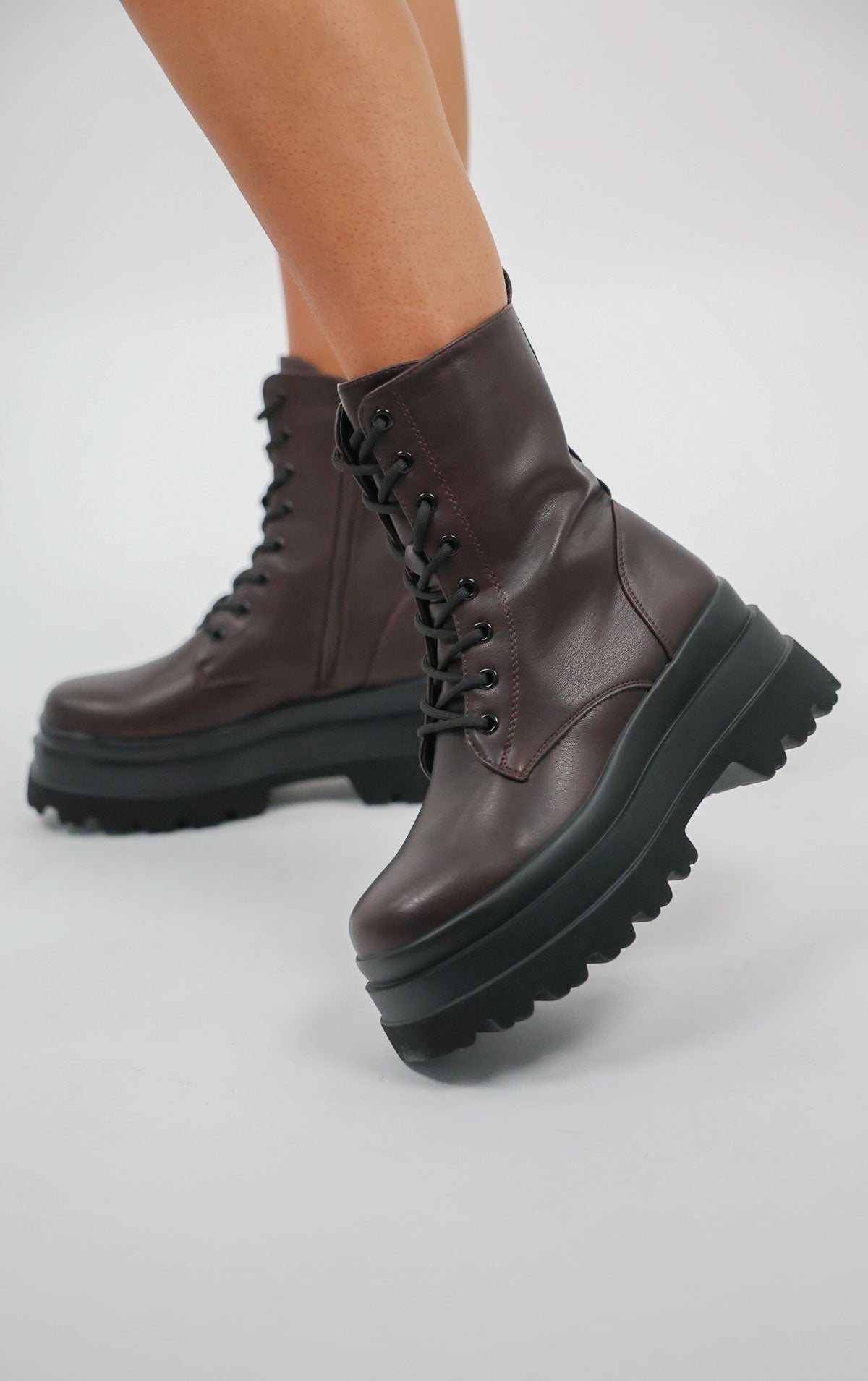 Womens Burgundy Chunky Platform Lace Up Boots Miss Moda Luxe