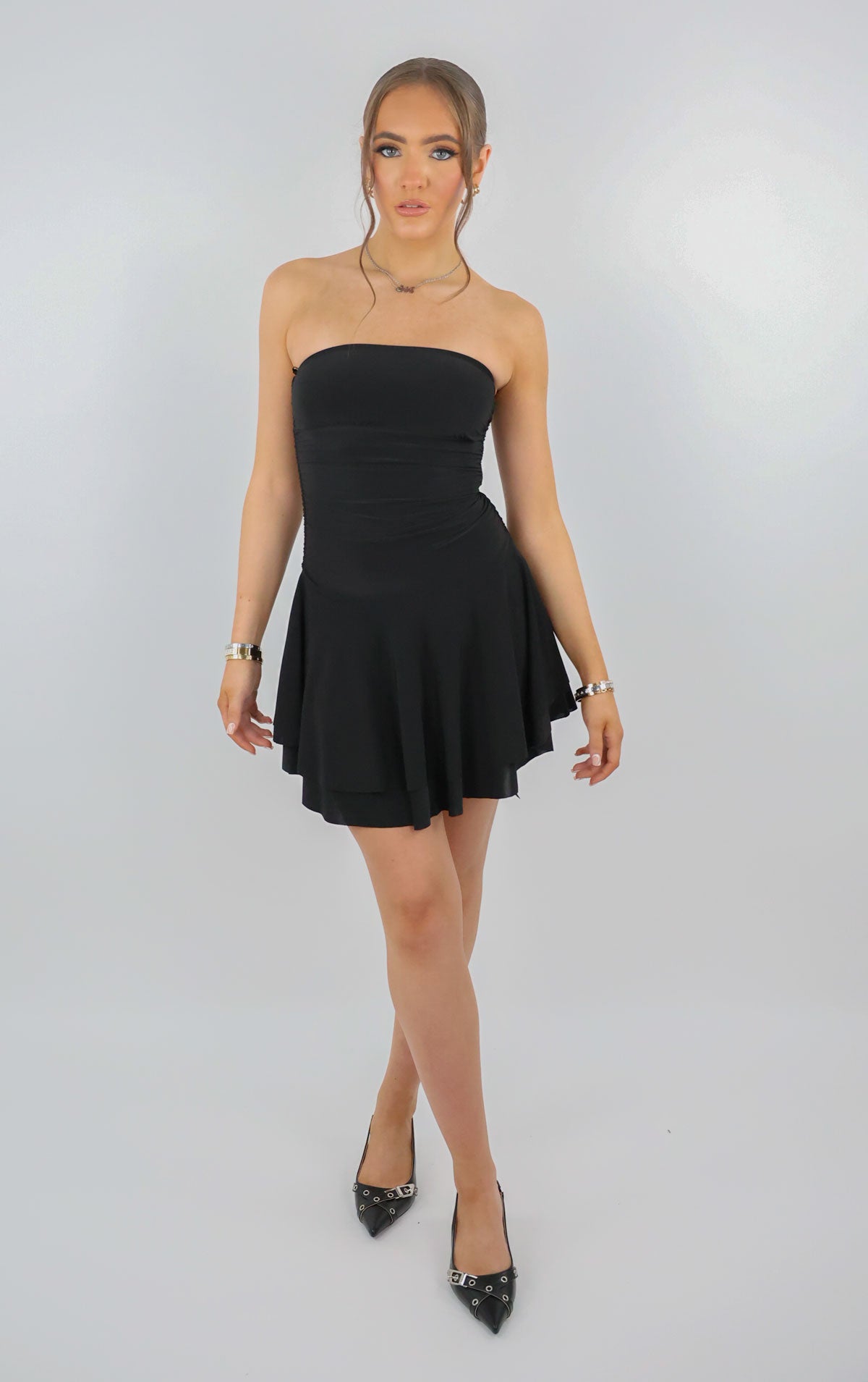 Women Black Bandeau Ruched Skater Mini Dress Miss Moda Luxe