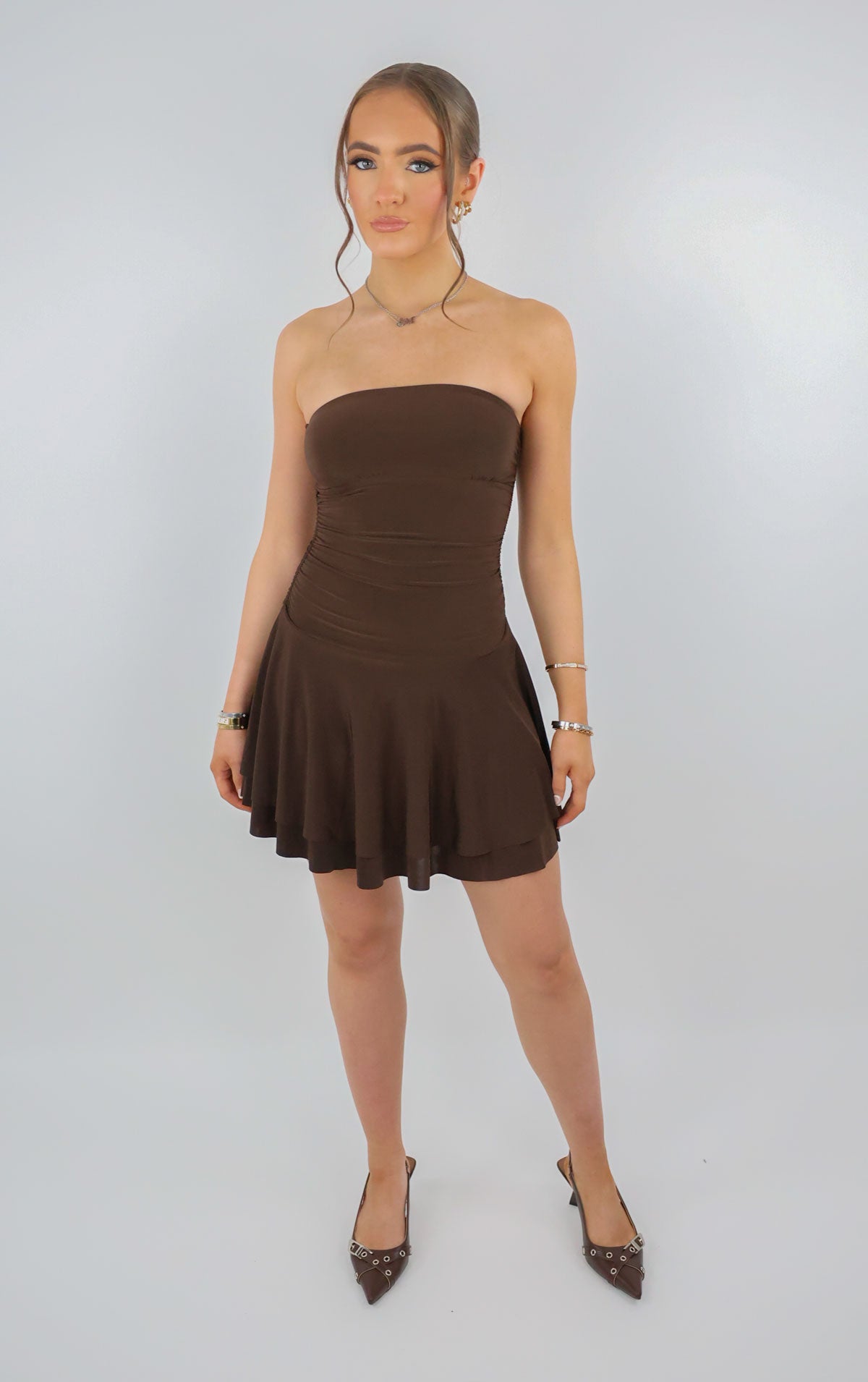 Women Brown Bandeau Ruched Skater Mini Dress - Miss Moda Luxe Women Brown Bandeau Ruched Skater Mini Dress - Miss Moda Luxe
